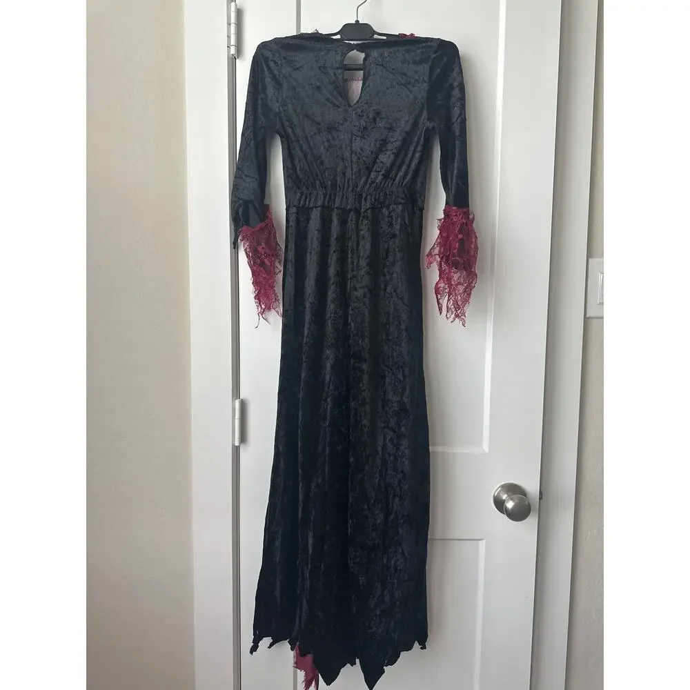 Girls Red & Black Wicked Sorceress Witch Vampira Dress Halloween Costume Sz 10